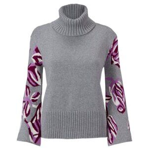 CAbi Eden Turtleneck Pullover Sweater Size Small Gray with Purple Florals Bell S